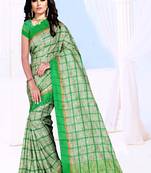 green plain Khadi Cotton Saree with blouse
