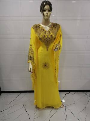 Yellow Embroidered Georgette Islamic Kaftans 1