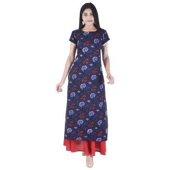 blue printed Long Kurta Skirt sets 1