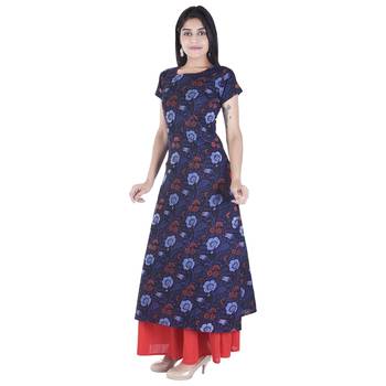blue printed Long Kurta Skirt sets 3