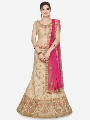 Beige Embroidered Silk Semi Stitched Lehenga 1