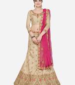 Beige Embroidered Silk Semi Stitched Lehenga