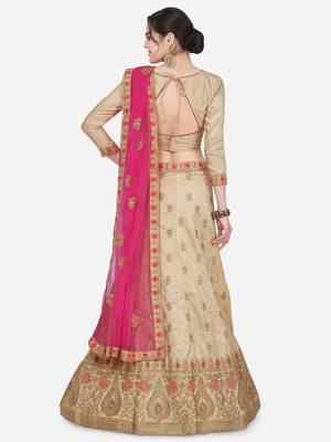 Beige Embroidered Silk Semi Stitched Lehenga 2