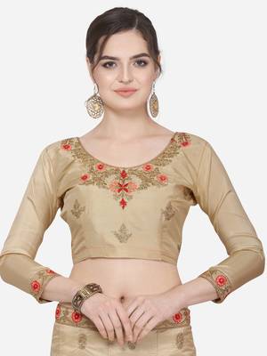 Beige Embroidered Silk Semi Stitched Lehenga 3