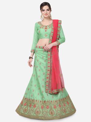 Green Embroidered Silk Semi Stitched Lehenga 1
