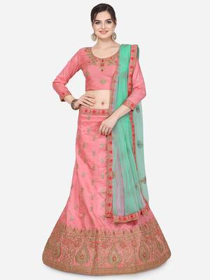 Pink Embroidered Silk Semi Stitched Lehenga 1