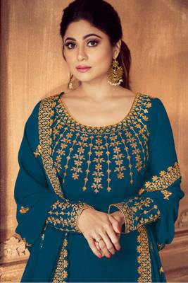 Teal Green Embroidered Faux Georgette Salwar 2