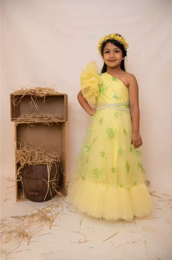 yellow green one shoulder gown