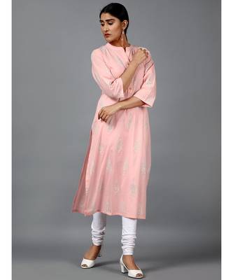 Cotton Peach Printed Straight Kurti 1