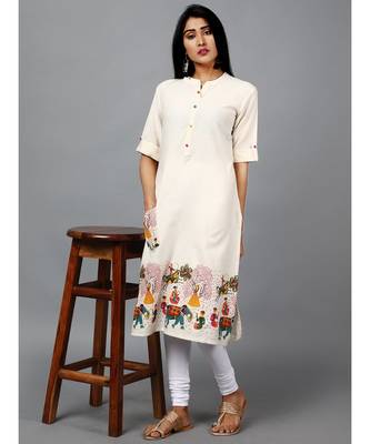 Off White Cotton Straight Printed Kurti 1