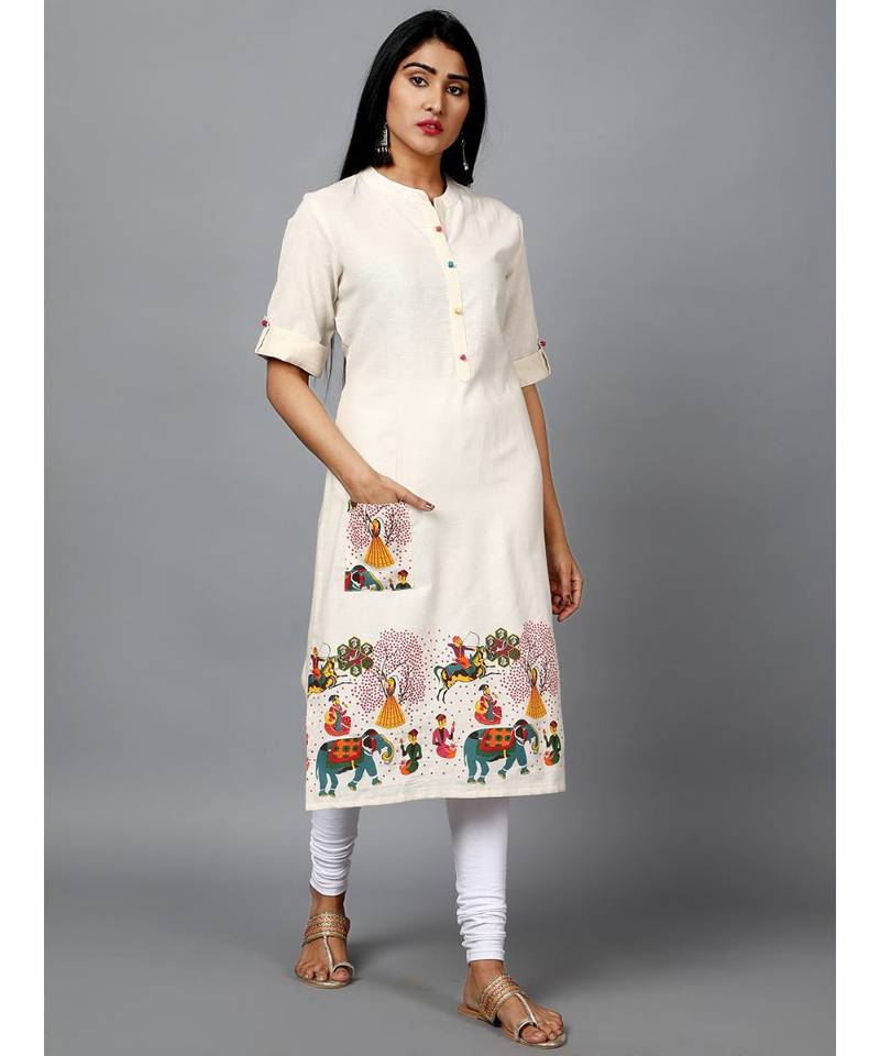 Off White Cotton Straight Printed Kurti