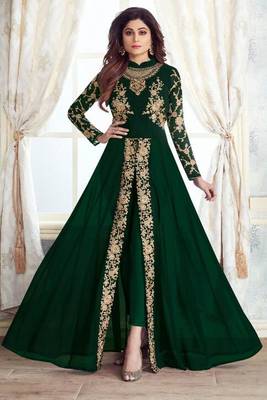 Dark Green Embroidered Georgette Salwar 1