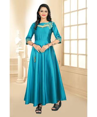 Sky Embroidery Tafeta Satin With Inner Full Stiched Anarkali Gown 1