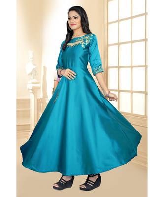 Sky Embroidery Tafeta Satin With Inner Full Stiched Anarkali Gown 2