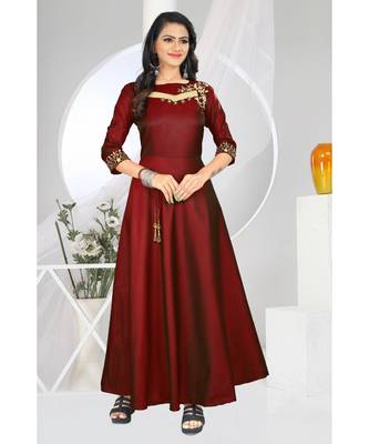 Marron Embroidery Tafeta Satin With Inner Full Stiched Anarkali Gown 1
