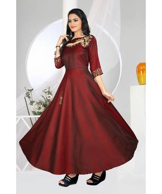 Marron Embroidery Tafeta Satin With Inner Full Stiched Anarkali Gown 2