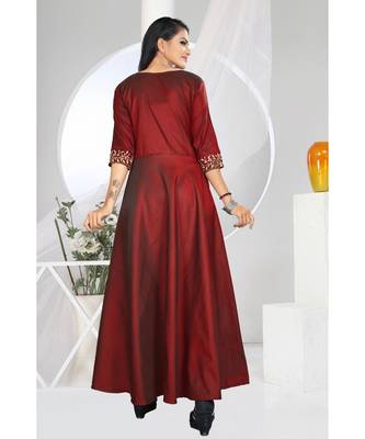 Marron Embroidery Tafeta Satin With Inner Full Stiched Anarkali Gown 4