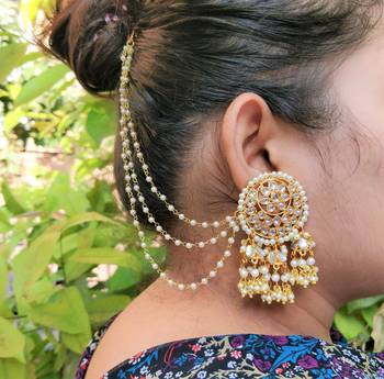 Gold Plated Pearl & Kundan Bahubali Earrings With Hair Chain 1
