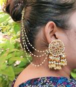 Gold Plated Pearl & Kundan Bahubali Earrings With Hair Chain