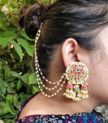 Multi-Colour Pearl & Kundan Bahubali Earrings With Hair Chain 1