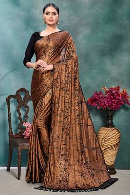 Orange plain silk saree with blouse 1