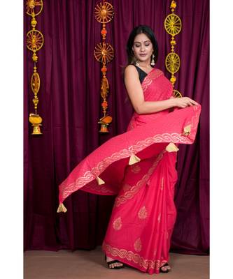peach printed cotton saree with blouse 3