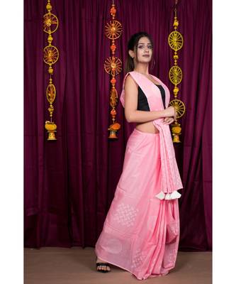 pink printed cotton saree with blouse 2