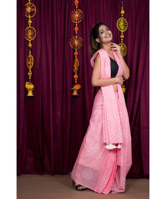 pink printed cotton saree with blouse 4