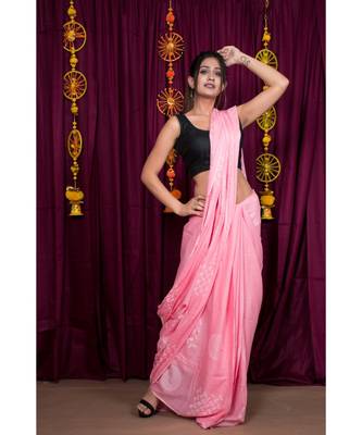 pink printed cotton saree with blouse 5