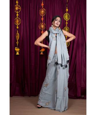 Grey printed cotton saree with blouse 1