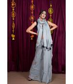 Grey printed cotton saree with blouse