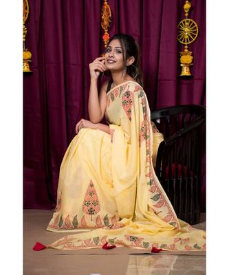 Yellow printed cotton saree with blouse 1