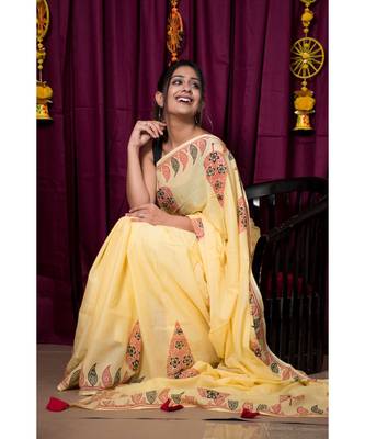 Yellow printed cotton saree with blouse 2