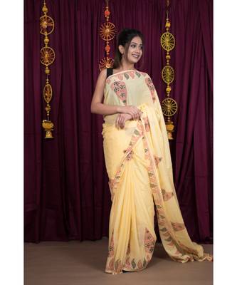 Yellow printed cotton saree with blouse 4