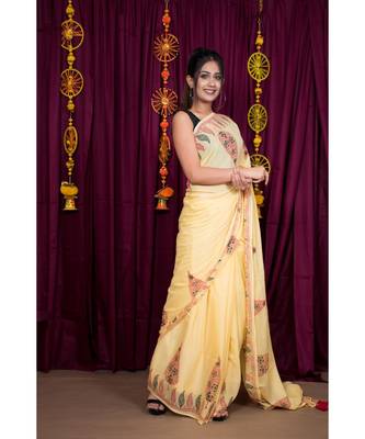 Yellow printed cotton saree with blouse 5