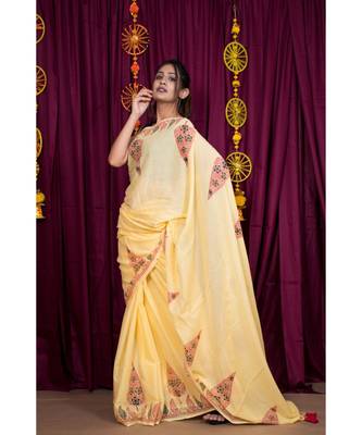 Yellow printed cotton saree with blouse 6