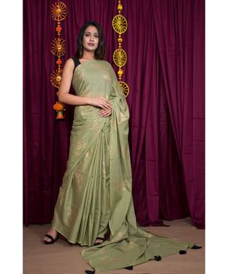 green printed cotton saree with blouse 1