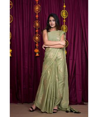 green printed cotton saree with blouse 3