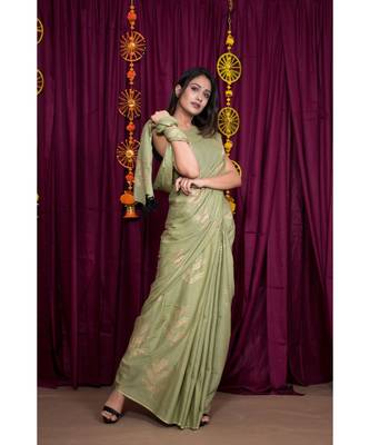 green printed cotton saree with blouse 4