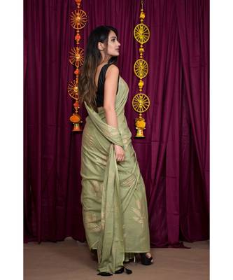 green printed cotton saree with blouse 5
