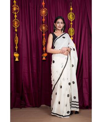 White printed cotton saree with blouse 1