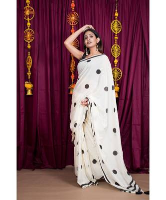 White printed cotton saree with blouse 3