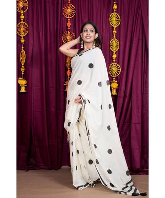 White printed cotton saree with blouse 4
