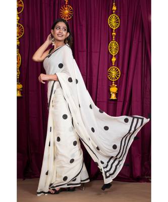 White printed cotton saree with blouse 6