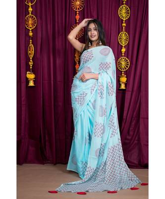 turquoise printed cotton saree with blouse 1