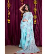 turquoise printed cotton saree with blouse