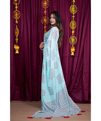 turquoise printed cotton saree with blouse 2