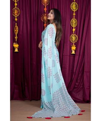 turquoise printed cotton saree with blouse 3