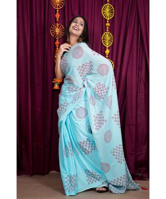 turquoise printed cotton saree with blouse 5