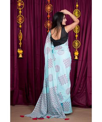 turquoise printed cotton saree with blouse 6